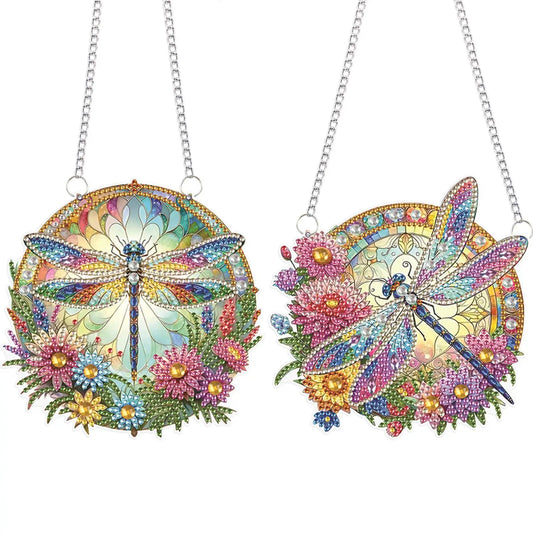 2 Dragonfly Round Rhinestone Diamond Window Pendants