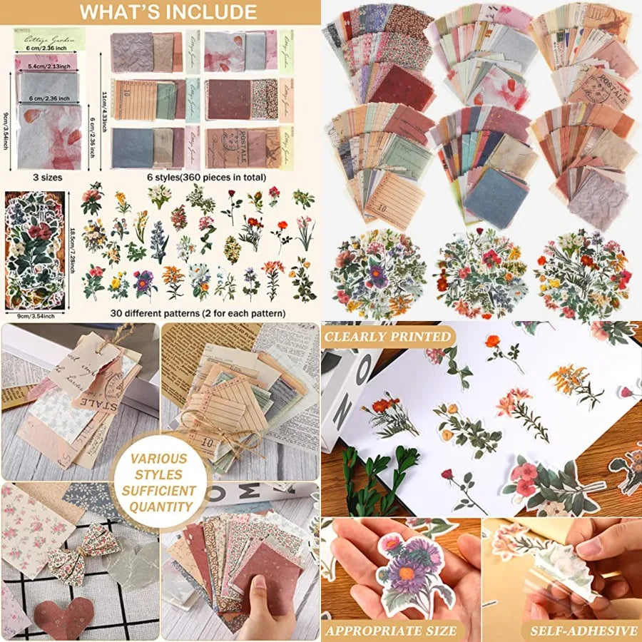 420 Sheets Vintage Scrapbook Paper Packs for DIY Journaling and Creative Writing: Aesthetic Retro Design with Flower Stickers a